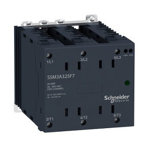 Schneider Electric Solid State Relay; 25A; 3-NO; 200-265VAC IN; 48-660VAC OUT; Panel or DIN Rail Mount; Zero Crossing; LED; Fingersafe